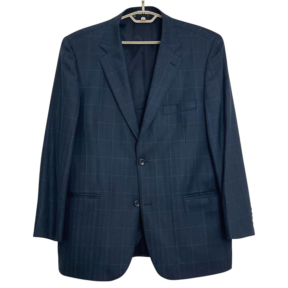 Emanuel Ungaro Mens Blazer 44R Navy Blue Wool Windowpane Herringbone Sport Coat